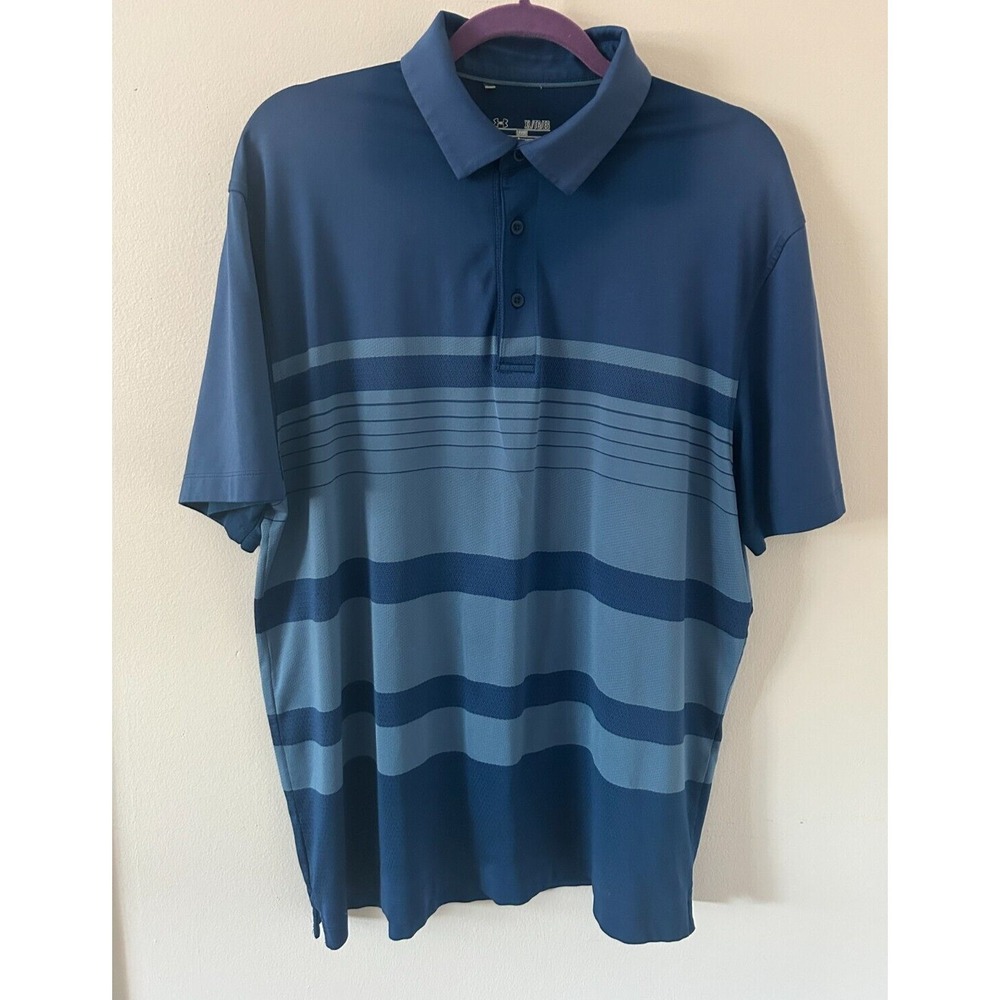 Under Armour Playoff Polo Men's XL Blue Striped Loose Fit HeatGear Golf Shirt